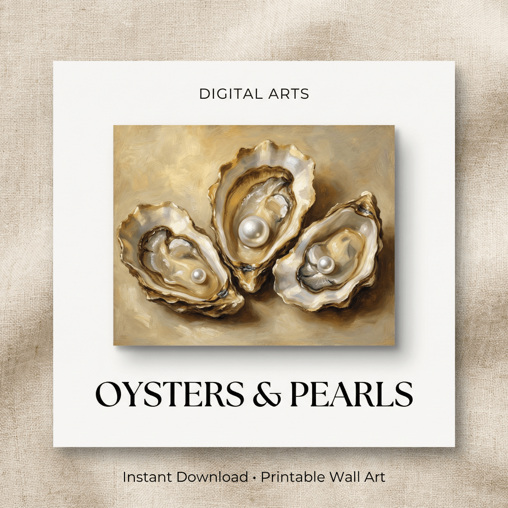 Oysters & Pearls Still Life Printable Wall Art – Luxury Coastal Vintage Oil Painting Digital&nbsp;Download