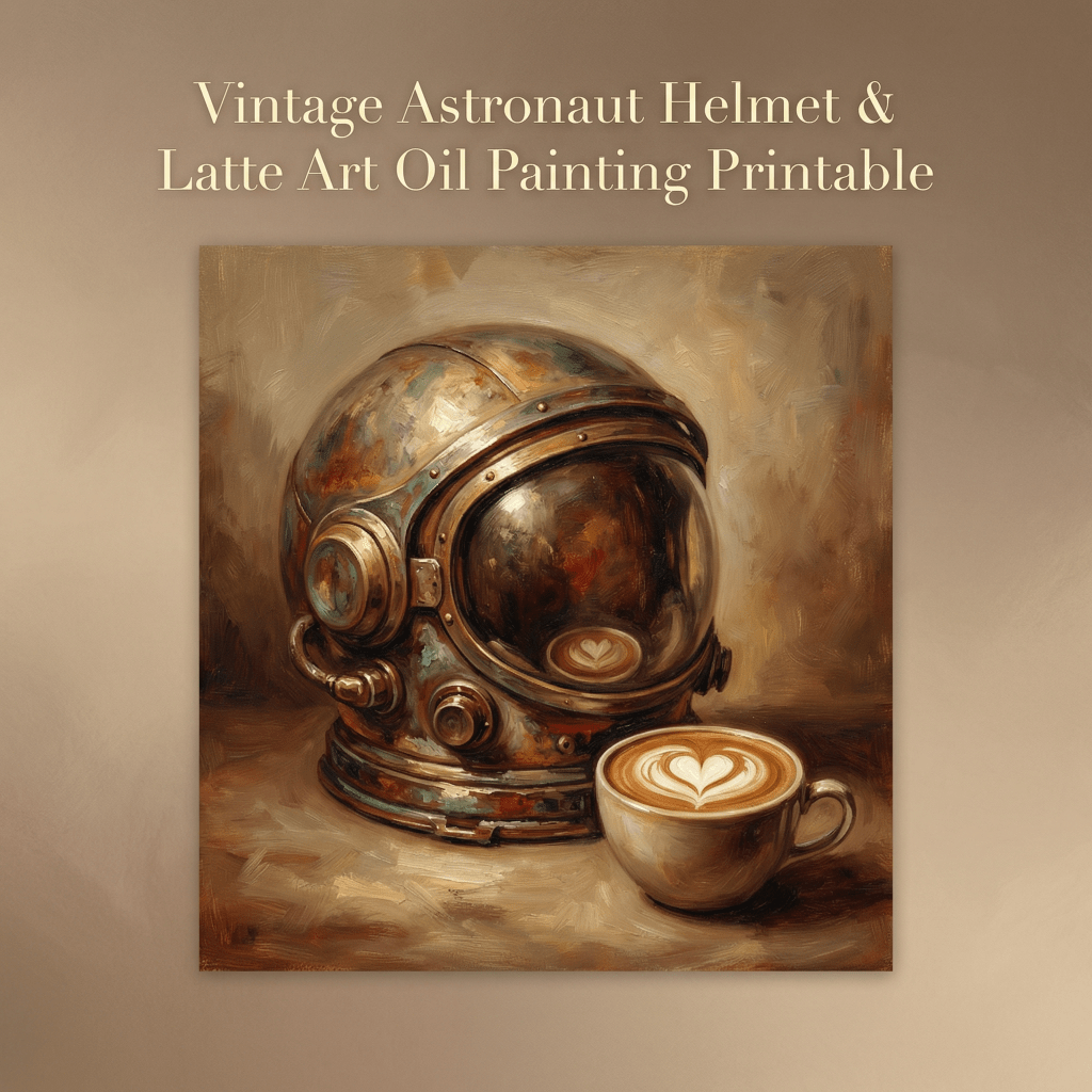 Vintage Astronaut Helmet & Latte Art Oil Painting&nbsp;Printable