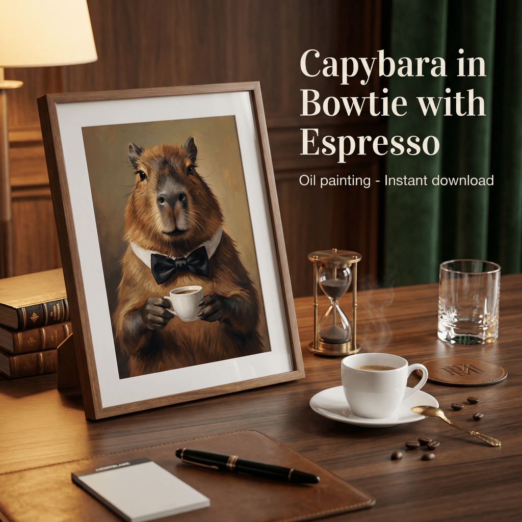 Capybara in Bowtie Printable Wall Art | Whimsical Luxury Oil&nbsp;Painting
