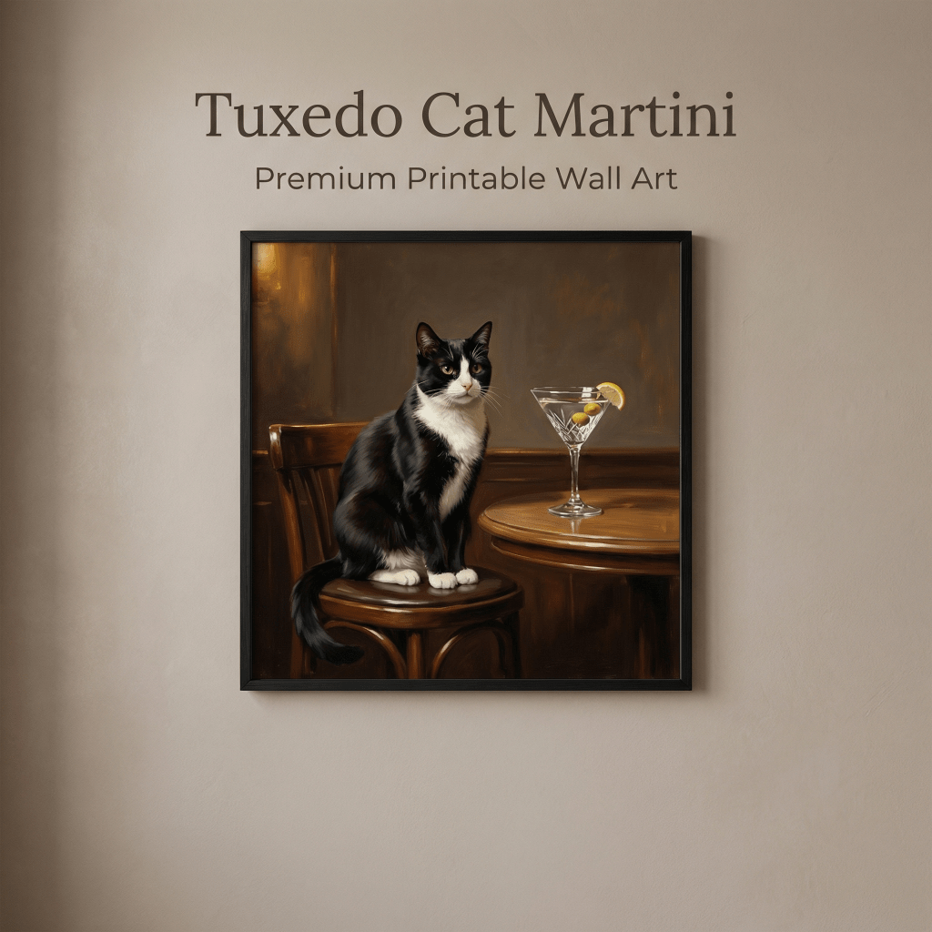 Tuxedo Cat Martini Oil Painting Printable – Classy Vintage Bar Cart Wall Art Digital&nbsp;Download