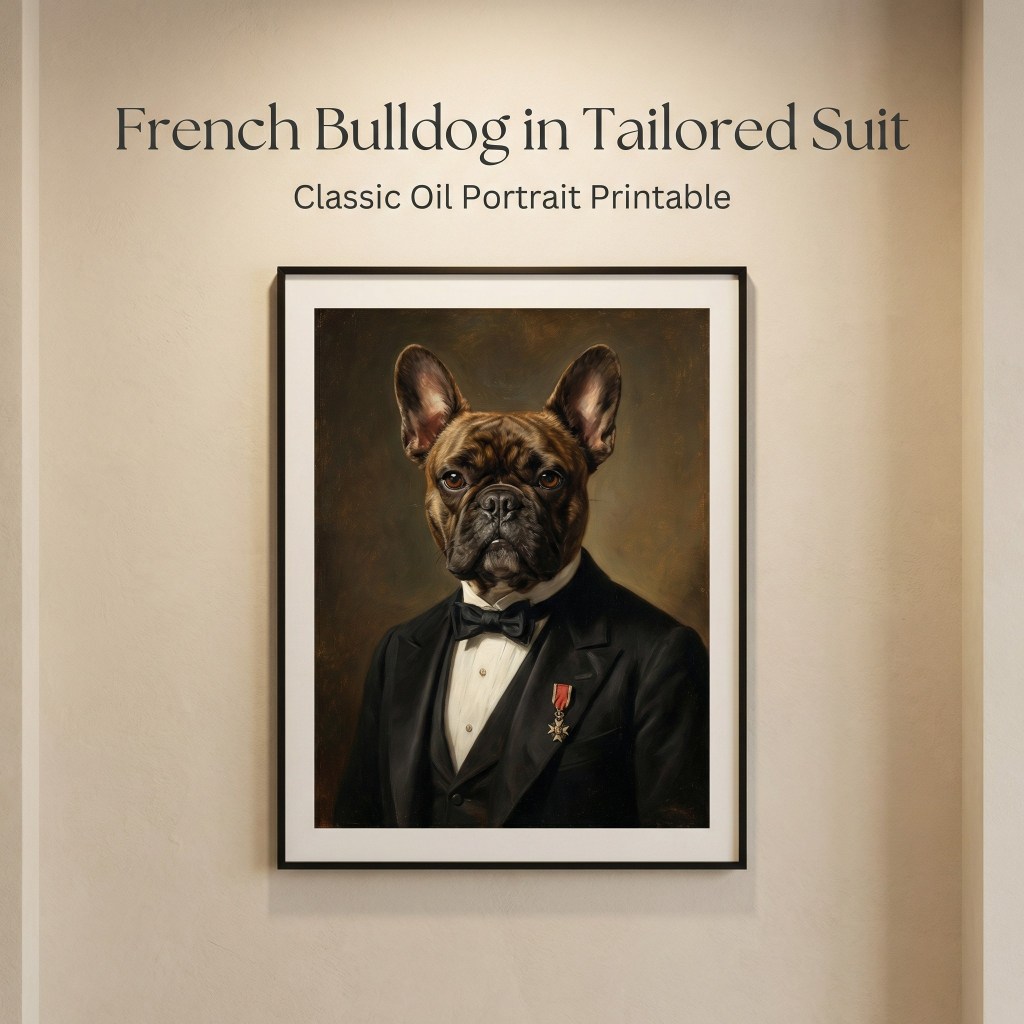 French Bulldog in Tailored Suit – Classic Oil Portrait&nbsp;Printable